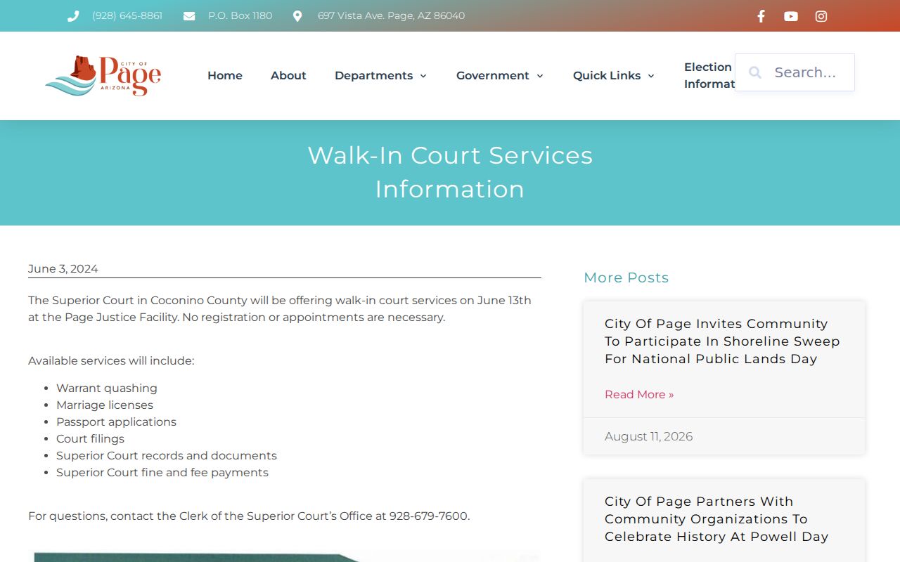 Page warrant records walk-in court service information