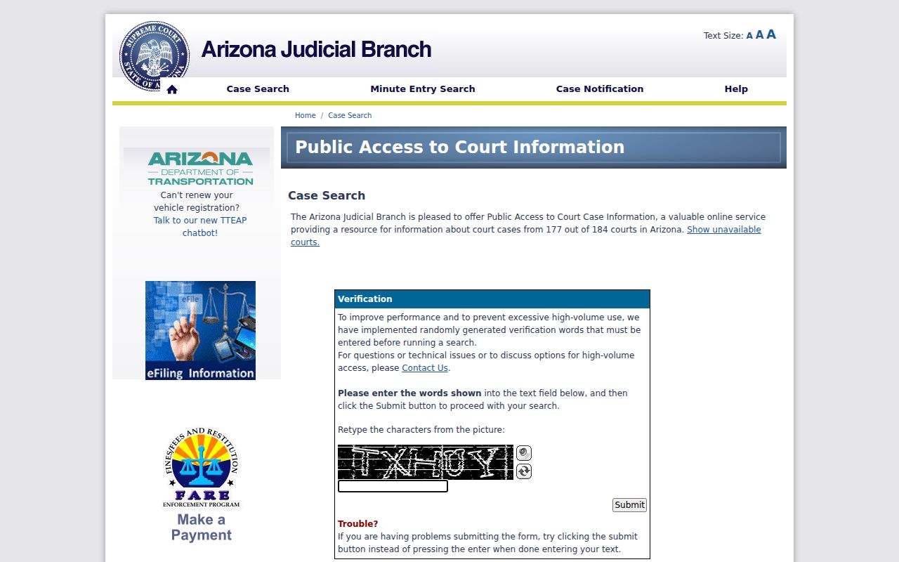 Arizona Public Access case lookup and CAPTCHA