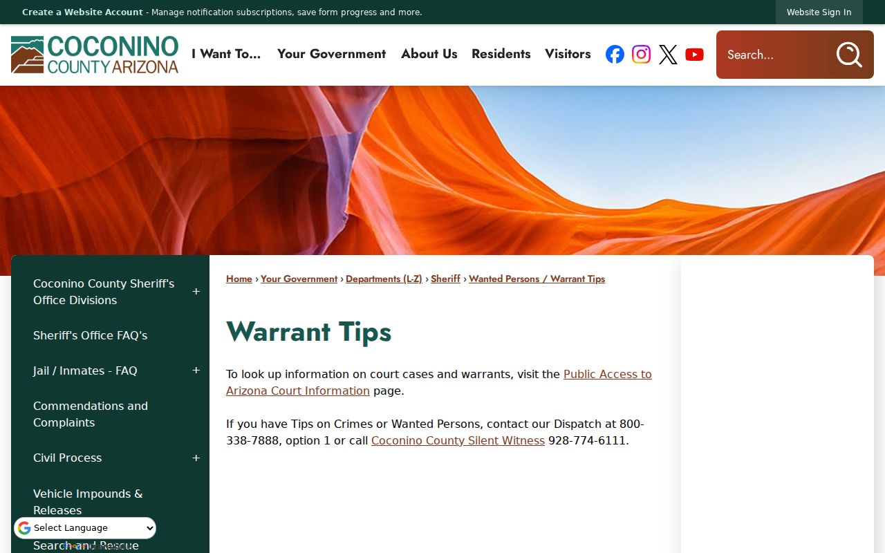 Coconino County most wanted official warrant tip channels